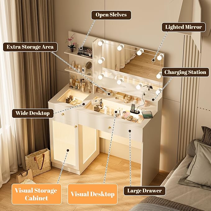INNOD 40" Vanity Desk with Large Mirror and Lights, Modern Glass Top Makeup Vanity Set with Power Outlet, Drawers and Cabinet, 3 Lighting Color Adjustable Dressing Table for Bedroom,White