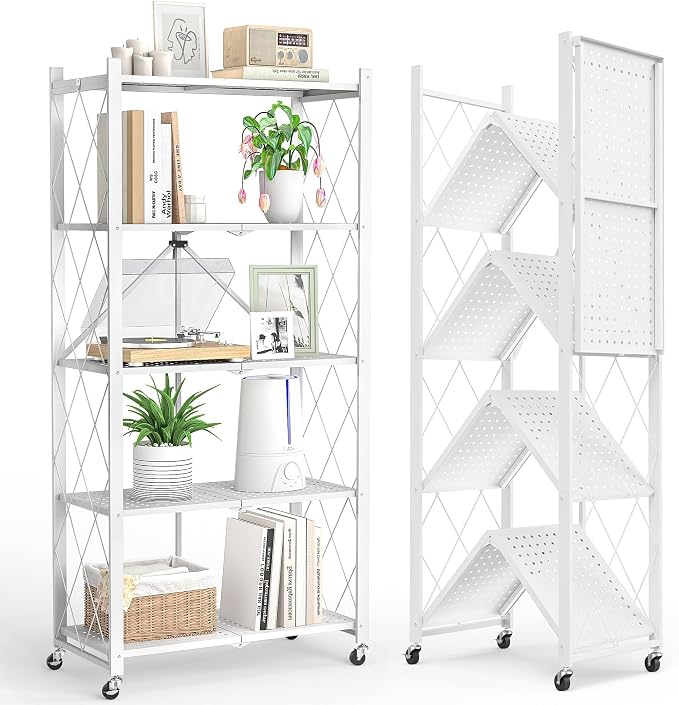 Fenbeli Foldable Shelves with Wheels - 5 Tier Folding Shelf, Collapsible No Assembly Metal Shelving Unit, Origami Storage Shelves & Rolling Storage Rack with 8 Hooks for Kitchen Pantry Garage