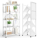 Fenbeli Foldable Shelves with Wheels - 5 Tier Folding Shelf, Collapsible No Assembly Metal Shelving Unit, Origami Storage Shelves & Rolling Storage Rack with 8 Hooks for Kitchen Pantry Garage