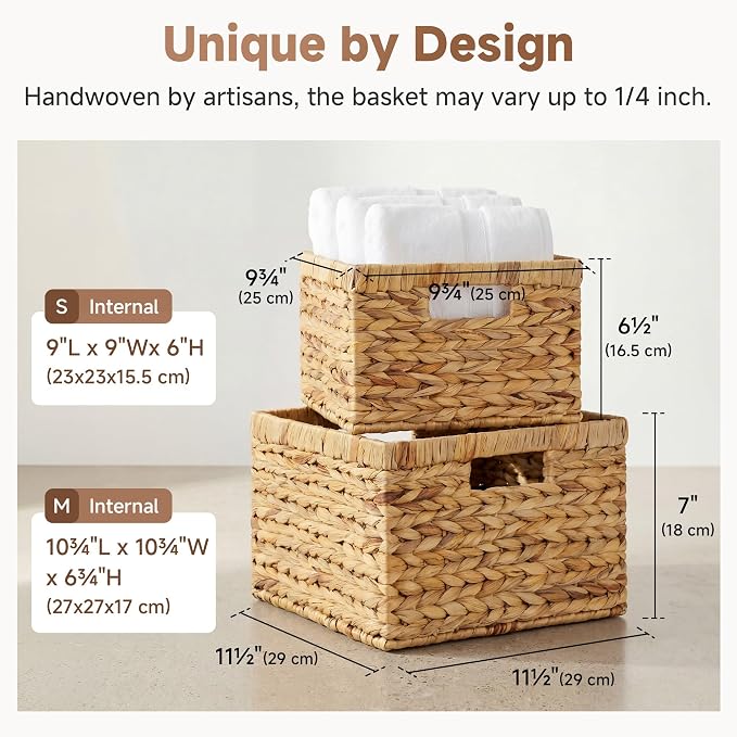 StorageWorks Wicker Storage Basket, Water Hyacinth Basket for Organizing, Decorative Water Hyacinth Storage Baskets, Set of 2, Large and Small