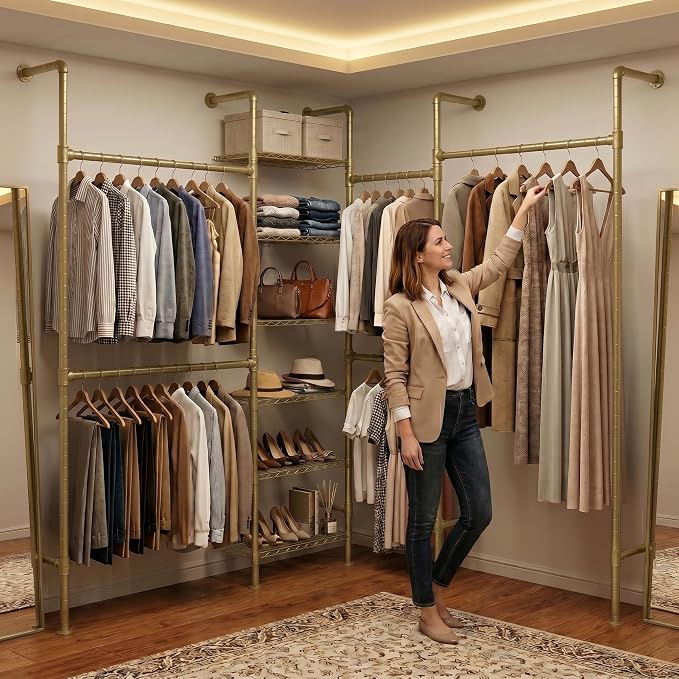 F4 Wall Mounted Closet System, Industrial Pipe Clothing Rack for Hanging Clothes, Heavy Duty Closet Organizer System, Clothes Racks with Shelves & Expandable Rod for Wardrobe, Corner, Gold