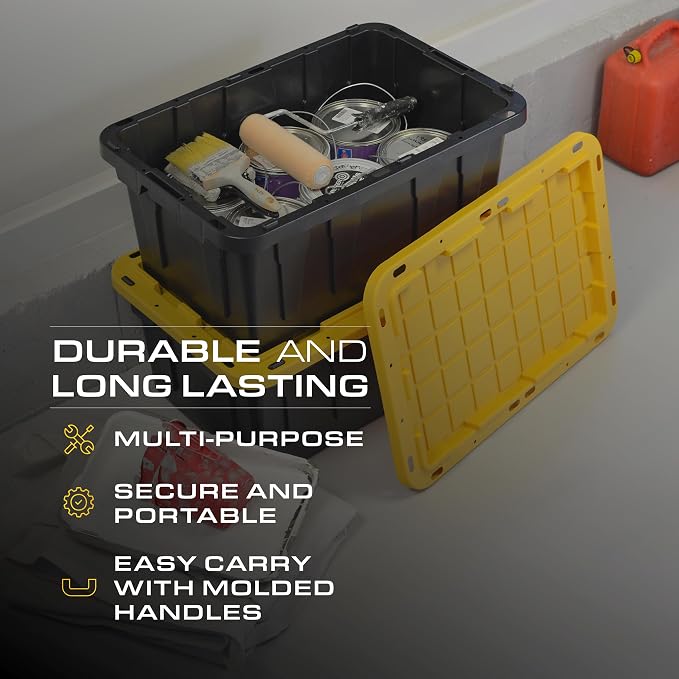 CX BLACK & YELLOW, 17-Gallon Heavy Duty Storage Bins with Lids, Stackable Plastic Storage Bins with Weather-Resistant Design, Home Organization, 2 Pack (12.5H x 18W x 26.9D)
