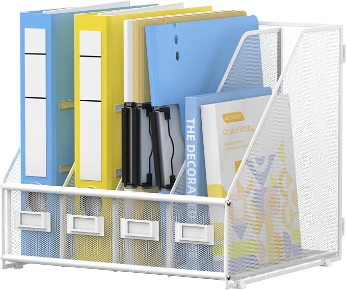 4 Vertical Compartments Magazine File Holder, Metal Binder Organizer, White | Space-Saving Desktop Storage, Built-In Label Holders, Anti-Slip Feet, Sized for Binders, Folders, Magazines and Files