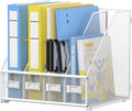 4 Vertical Compartments Magazine File Holder, Metal Binder Organizer, White | Space-Saving Desktop Storage, Built-In Label Holders, Anti-Slip Feet, Sized for Binders, Folders, Magazines and Files