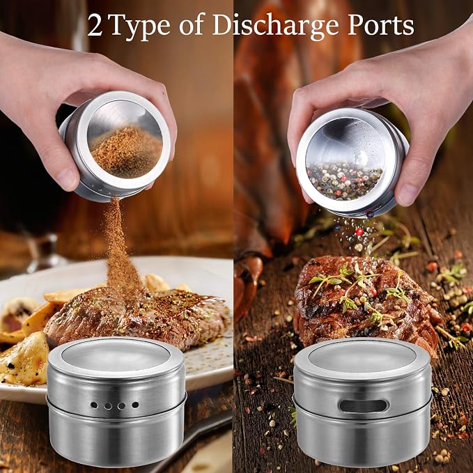 Magnetic Spice Jars,12 Pcs Stainless Steel Spice Tins with Lid and Small Holes for Sprinkle Rust Free Easy to Clean Includes 94 Labeling Stickers