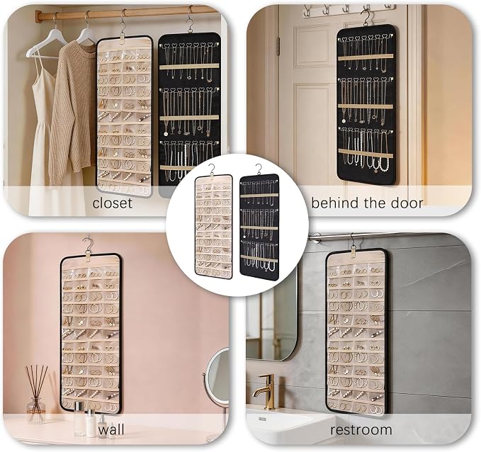 LAKSMI Large Hanging Jewelry Organizer for Closet, Wall or Door, 48 Pockets & 21 Hooks for Earrings, Necklaces and Rings (Black1)