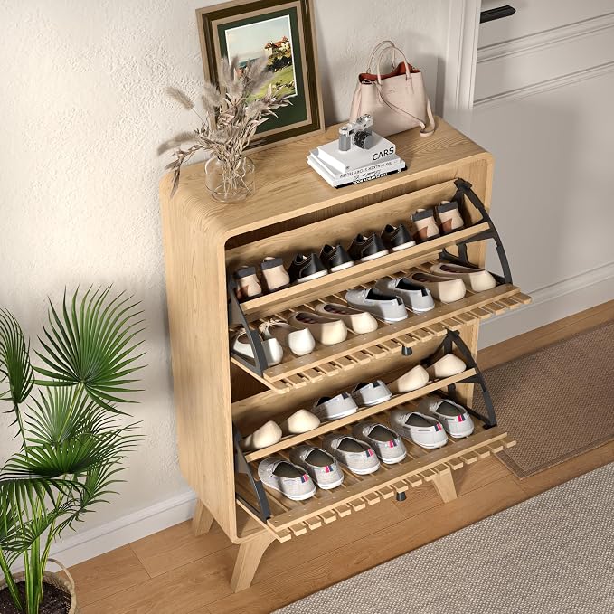 Jluomei Narrow Shoe Cabinet Storage for Entryway, Modern Cabinet Rack with 2 Flip Drawers, Slim Wood Fluted Entry Way Shoe Organizer, Wooden, Small, Farmhouse, Freestanding, Natural Oak (39.4 Inch)