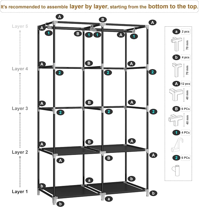35“ Portable Closet Wardrobe for Small Room, Hanging Rods Shelves & Cover | 2 Clothes Hanging Rods, 4 Shelves and Non-Woven Fabric Cover