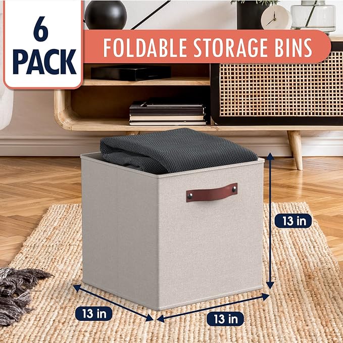 Ornavo Home 13x13 Foldable Fabric Storage Cube Bins, 6 Pack, Beige | Collapsible Linen Shelf Basket Organizer; Leather Handles; Ideal Cube Storage For Closet