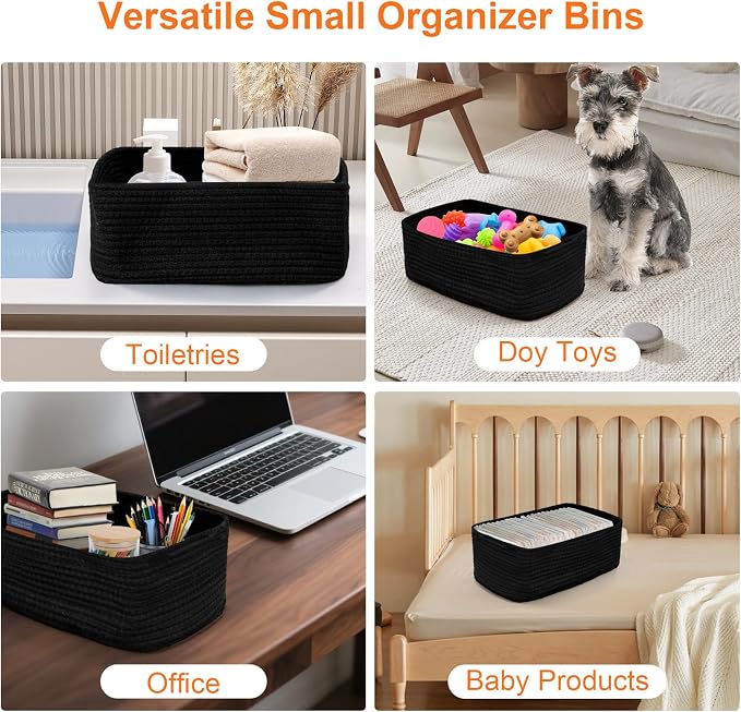 Small Storage Baskets for Organizing, Woven Storage Bins for Shelves, Gift Basket Empty, Baby Rope Basket, Dog Toy Storage, Cute Decorative Closet Organizer, 13.2x8.2x5.2”, 3Packs Black