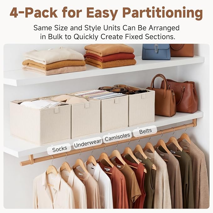 StorageWorks Fabric Storage Bins, Narrow Baskets for Storage, Small Baskets for Organizing with PU Handle, Suitable for Clothes, Books, and Toys, Khaki Stripe, 4-Pack
