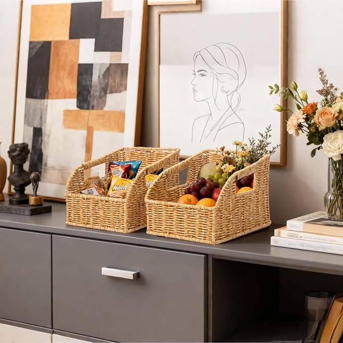 Brownlily Wicker Pantry Storage Baskets with Chalkboard,Handwoven Baskets for Organizing with Built-in Handles, All-Purpose Storage Baskets for Shelves, Laundry Room, Natural - Single Set (3-Piece)