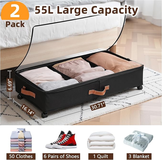 VECELO Under Bed Storage with Wheels, 2 Pack Fully Enclosed Zippered Dust Cover Bins with Clear Lids, Metal Frame and Ultra Thick Fabric Underbed Storage Organizer, Shoe Storage Box, Black