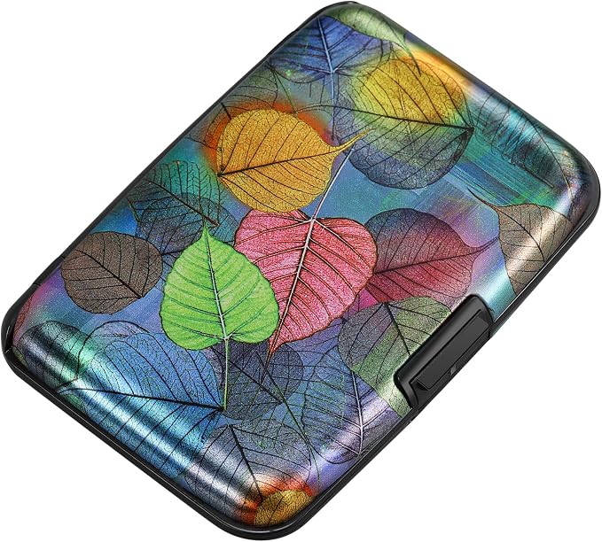 ELFISH Mini RFID Aluminum Wallet Credit Cards Holder Business Card Case Metal ID Case for Men Women（Colorful Leaves