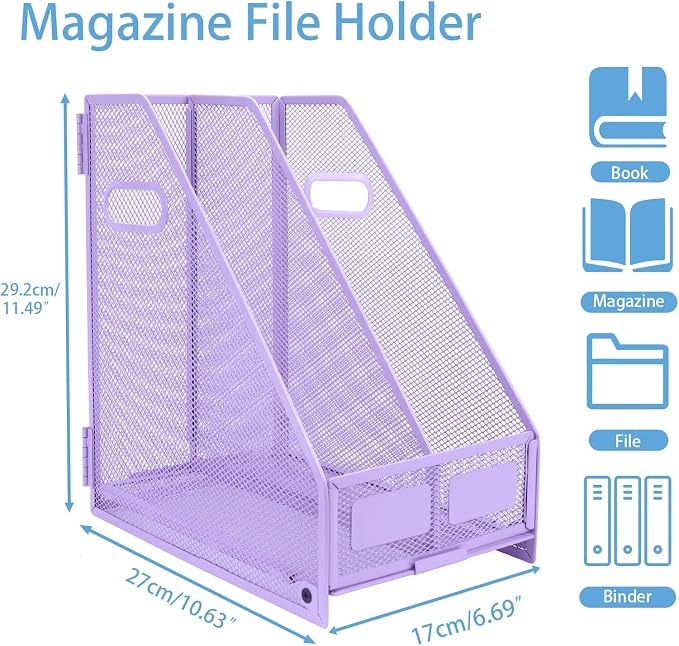 Desk Organizers Metal Magazine File Holder Racks Desktop Folder Storage Binder Organiser Document Organization for Home Office & Classroom,2 Vertical Compartments-Purple