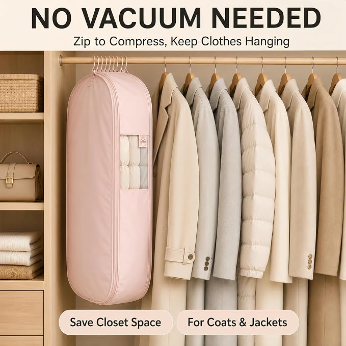 Space Saving Hanging Garment Bag, Compression Zipper for Coats & Jackets | Hanging storage keeps clothes visible and easy to find; holds 12-15 coats or 20-25 light garments; no pump needed.