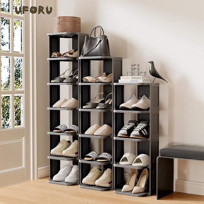 UFORU Small Shoe Rack, 7 Tier Plastic Vertical Shoe Rack for Small and Narrow Spaces, Free Standing Shoe Organizer for Closet, Entryway (Black)