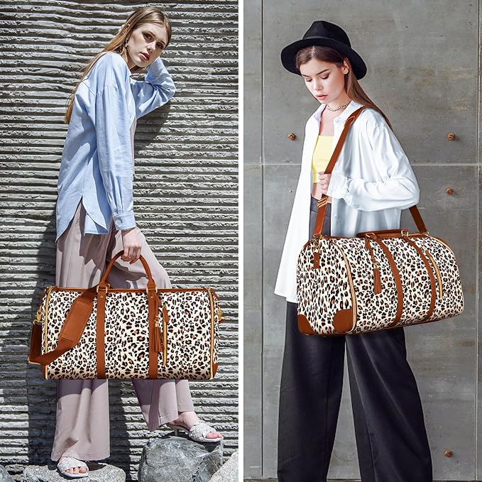 Ytonet Convertible Garment Bags for Travel, Large Carry on Garment Weekender Bag, Water Resistant Travel Duffel Bags with Shoe Pouch, 2 in 1 Hanging Suitcase Suit Foldable Travel Bags, Leopard