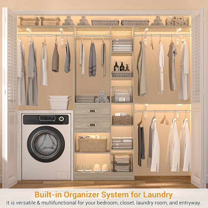 Armocity 8FT Heavy Duty Wood Closet System, 1500 LBS+ Capacity Wall Mounted Walk-in Closet Organizer with 2 Drawers & 4 Hanging Rods, 96'' Custom Bedroom Storage Wardrobe, White Oak