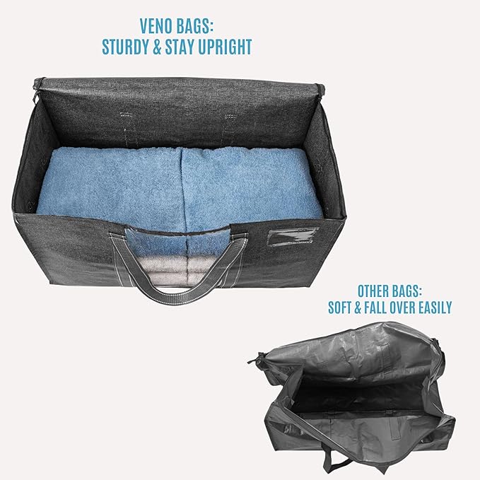VENO 10 Pack Moving Bags with Clear Window, Heavy Duty Storage Bins with Lid, Around Handles, Tag, Zippers, Extra Large Totes Packing Moving Boxes Supplies for College Dorm Clothes (Dark Gray)