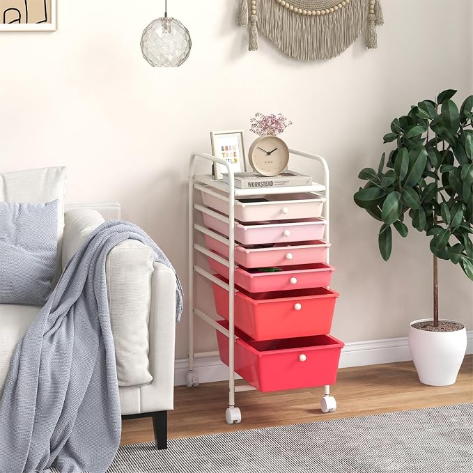 DREAMADE Rolling Cart with Storage Drawers, Utility Cart with Removable Plastic Drawers, Lockable Wheels, Art Cart for Classroom Organization Art Supplies Office Scrapbook (6 Drawers, Mixed-pink)