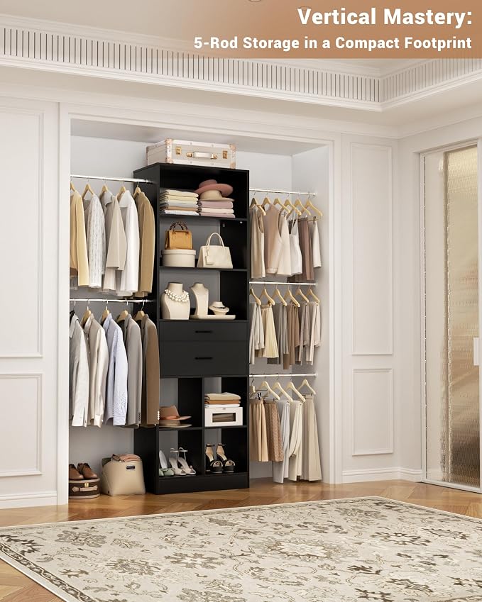 Besiost Small Closet System, 3.2-6.8FT Small Closet Organizer with 2 Wooden Drawers & 5 Hanging Rods, Can Fit 37.5 to 81.9 inch Walk-in Closet System, Built-in, Black, Enclosed Storage Volume 2.32 ft³