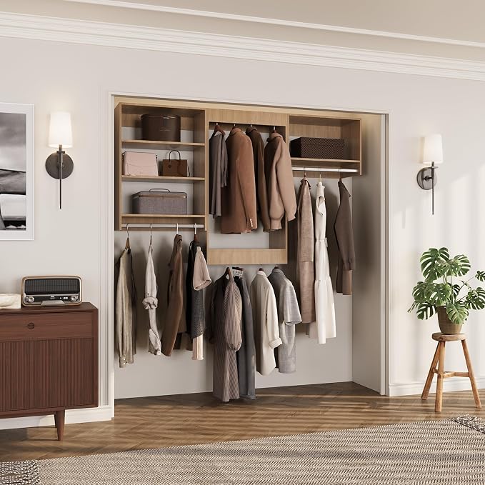 ROOMTEC Modular Closet System, 84" Closet Organizer with Hanging Rods, Wall-Mounted Wooden Tower for Walk-In Closets, Wardrobe Storage Kit, Wood