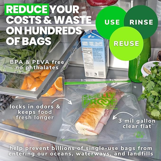 Smelly Proof Reusable Food Storage Bags, Reusable Freezer Bags, MADE IN USA, Dishwasher-Safe, BPA FREE, NO PEVA, XXL 3-mil, Extra Large Clear FLAT 2-Gallon 12” x 16”, 15-Pack