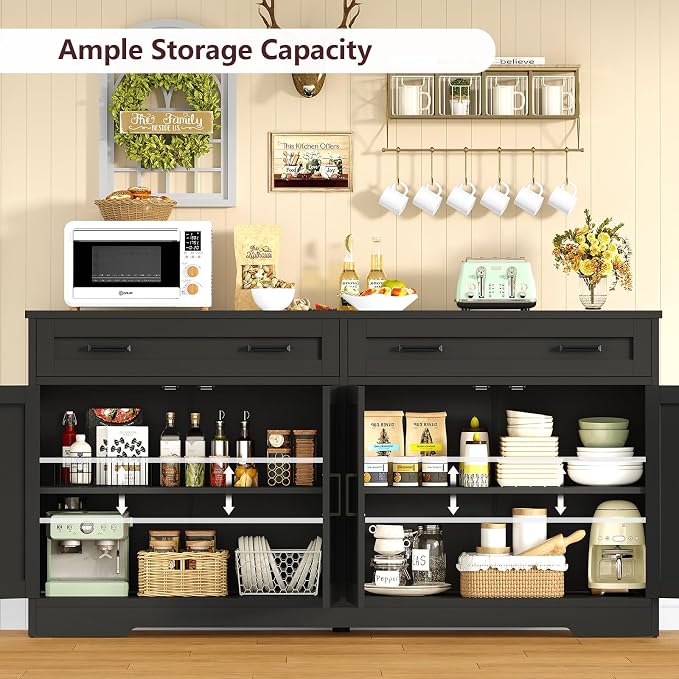 usikey 63" Buffet Cabinet with Storage, Large Sideboard Buffet Cabinet with 2 Adjustable Shelves and 4 Doors, Modern Farmhouse Coffee Bar for Kitchen, Living Room, Black