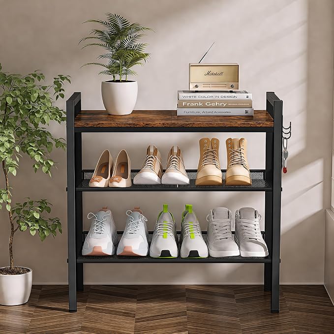 3 Tier Shoe Rack, Shoe Rack for Entryway with Hook, Shoe Organizer with Adjustable Mesh Shelves, Metal Shoe Storage, Closet, Bedroom Living Room Garage