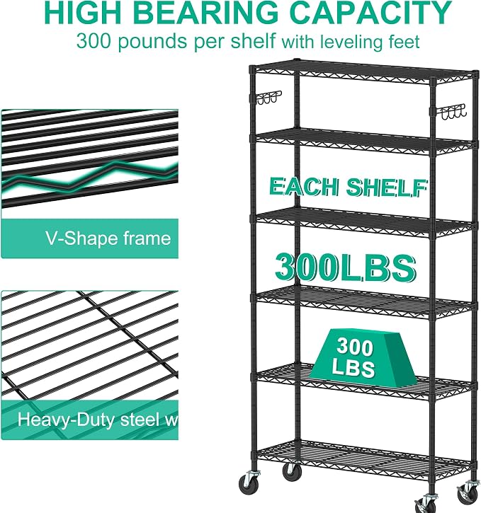 Folews 6-Tier Metal Storage Rack with Wheels, NSF Sturdy Adjustable Wire Shelving Unit for Garage Kitchen Pantry Laundry Room, 36" W x 14" D x 75" H Large Rolling Organizer Shelf Easy Assembly, Black