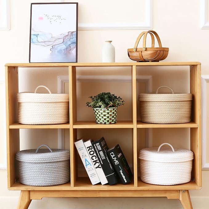 Sea Team Round Cotton Rope Storage Basket with Lid, Lidded Woven Storage Bin, Nursery Storage Container, Diaper Caddy, Baby Shower Basket, Box, Organizer, 11.8 x 11.8 x 6.7 Inches (Medium, Cream)