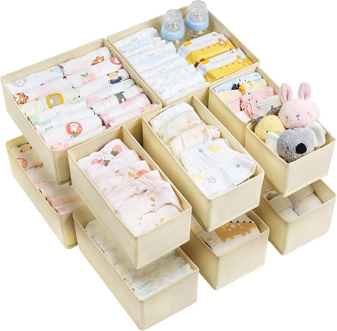 Vtopmart 12 Pack Baby Clothes Organizer, Dresser Drawer Organizer for Baby Clothing, Foldable Fabric Closet Drawer Storage Bins, Nursery Dresser Dividers for Bra, Socks, Ties, Scarf