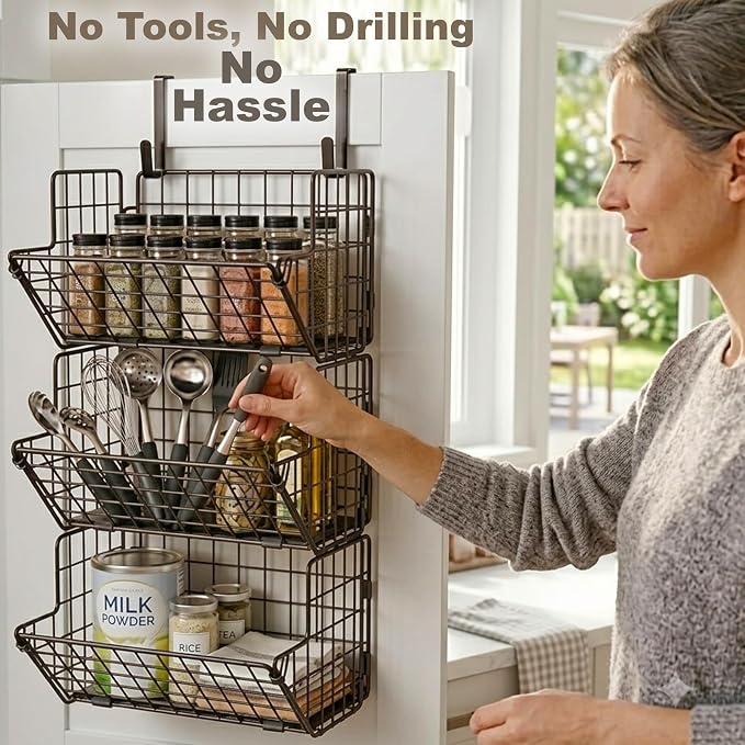 3-Tier Fruit Basket for Kitchen, 2-in-1 Countertop & Over Cabinet Door Hanging Organizer, Heavy Duty Fruit & Vegetable Storage Rack with Anti-Slip Liners, No Drilling