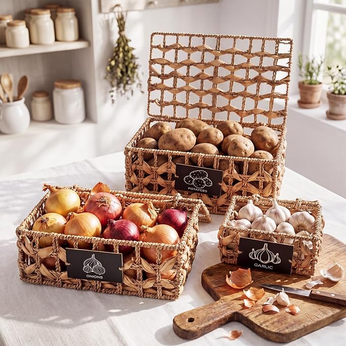 Blushtier Set of 3 Kitchen Vegetable Storage Potato Onion Garlic Storage Bins with Lid and Label, Handwoven Wicker Pantry Organizer Keeper Containers Baskets for Countertop Cabinet Farmhouse Decor