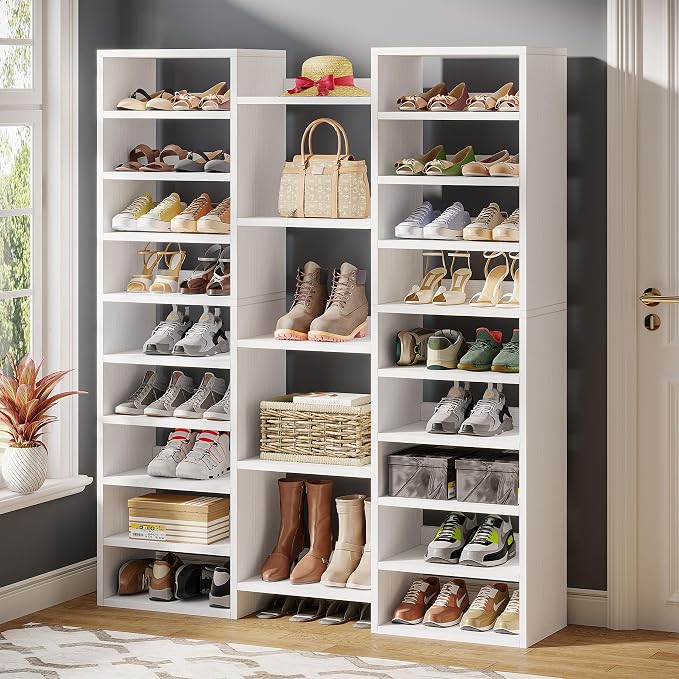 Little Tree 14-Tier Shoe Rack, Freestanding Tall Shoe Shelf, White Wooden Shoe Storage Cabinet with 22 Open Cubbies, 46 Pairs Wide Entryway Shoe Organizer Shoe Cabinet for Living Room, Bedroom