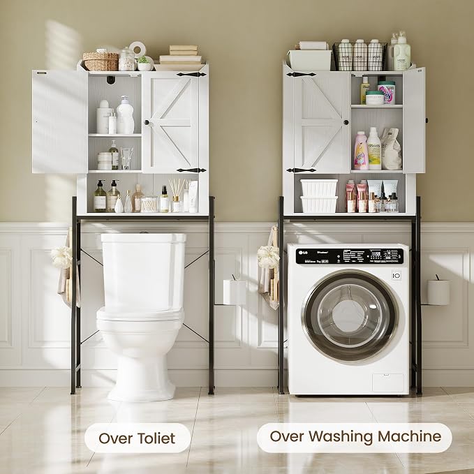 Memobarco Over The Toilet Storage Cabinet with 2-Door & Metal Stand, White | Toilet Paper Holder, 3 Extra Hooks, Anti-Tipping Device, With Adjustable Shelves, for Bathroom, Restroom, Laundry