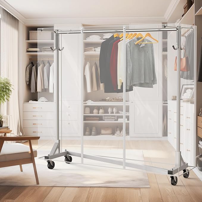 Simple Houseware Industrial Grade Z-Base Garment Rack w/Cover Tube Bracket | 500Lb Load with 62" Extra Long Bar, Clear Cover