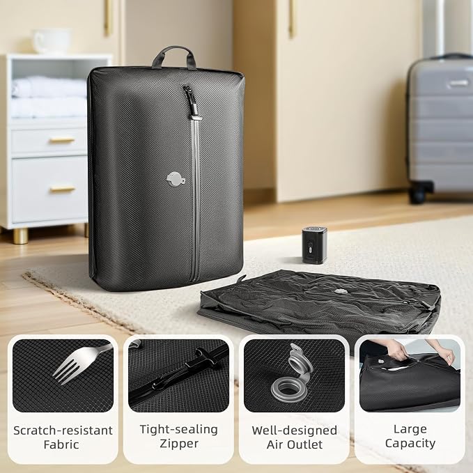 Vacuum Bags for Travel with Wireless Pump, Compression Seal Bags for Clothing Space Saver 33L Professional IP67 Reusable Packing Organizers for Luggage, Suitcases and Backpack(2PC+1 Pump)