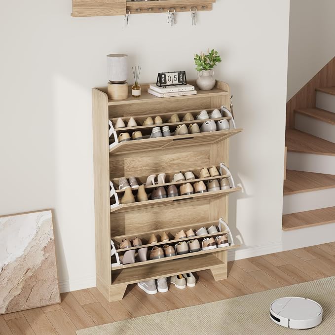 Garvee Shoe Storage Cabinet with 3 Flip Drawers, Freestanding Shoe Organizer Storage for Entryway with 2 Side Hooks, Farmhouse Hidden Slim Narrow Shoe Rack Cabinet, Natural Oak