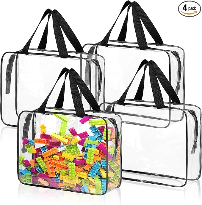 4 Pack Toy Storage Organizer Bags with Zipper, Clear PVC | Large Black Waterproof Reusable Toy Bags for Puzzles, Building Blocks, Board Game, Stationery, Kids Books
