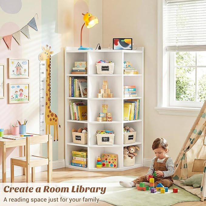 Aheaplus Corner Cube Book Shelf, 6-Tier Corner Cabinet with Power Outlets, Corner Cube Storage Shelf with Top Table, Wooden L Shaped Cubby Bookcase for Home Office, Bedroom, Living Room, White