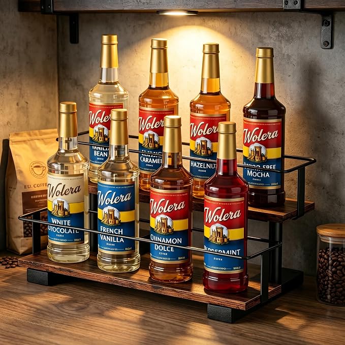 2-Tier Coffee Syrup Bottle Holder, Holds 8 Bottles, Stepped Design | Wood & metal structure, sturdy countertop rack for coffee bar, fits liquor, spice jars, wine & condiments.