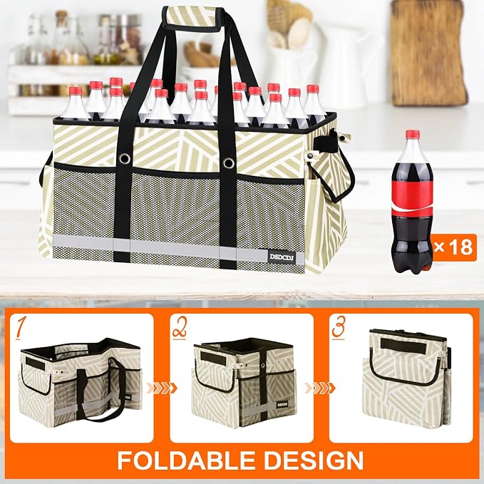 Extra Large Utility Tote Bag with Reflective Strip, Standing Reusable Grocery Bags with Hard Bottom, Collapsible Utility Tote with Handles for Shopping, Beach, Picnics, Car, Striped Gray