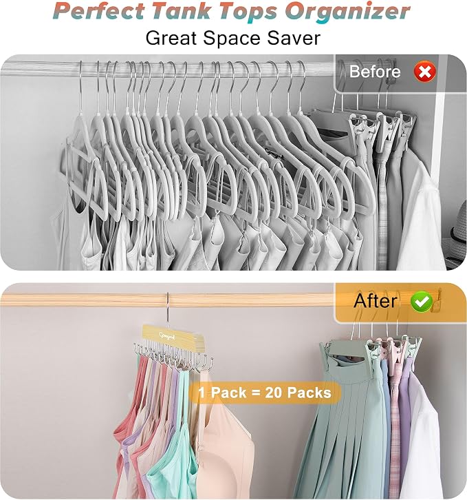 Gomyrod Bra Hanger for Closet, Tank Top Hangers 2 Pack w/20 Hooks Holds 40 Bras, Capacity Foldable Wood Space Saving Hanger, 360°Rotating Closet Organizers and Storage for Dorm & Apartment | Premium Wood Space Saving Hanger, 360°Rotating Closet Organiz...