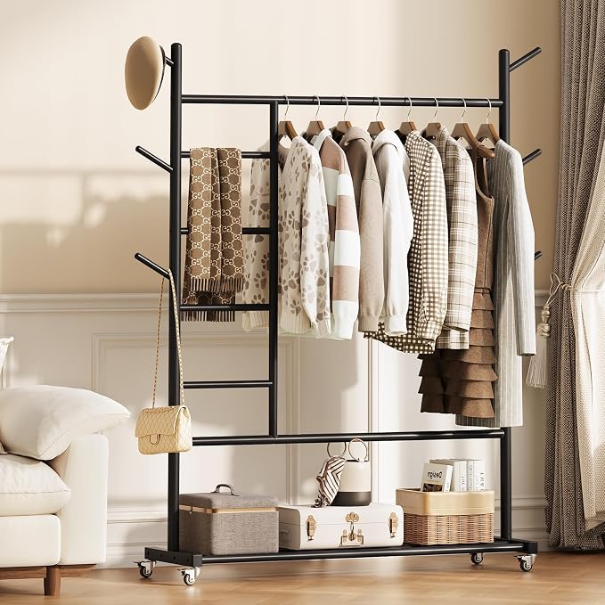 Yoobure Solid Wood Clothing Rack - Rolling Clothes Rack with Wheels, 4-in-1 Coat Rack with Pants Rack & Shelf, Freestanding Clothing Racks for Hanging Clothes, Garment Rack for Closet Bedroom Entryway