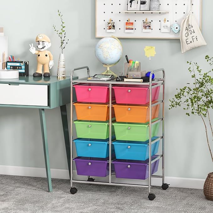 COSTWAY 10 Drawer Rolling Storage Cart, Utility Cart with Lockable Wheels | Mobile Art Supply Craft Organizer with Metal Frame, Multipurpose Drawer Cart for Paper for Office, School, Rainbow