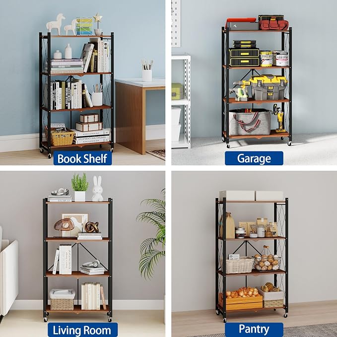 4 Tier Folding Storage Shelves with Wheels, Foldable Bookshelf No Assembly Collapsible Shelf Heavy Duty Rolling Shelving Unit for Kitchen Bedroom Living Room (Black, 27.9"x 13.3"x 49")