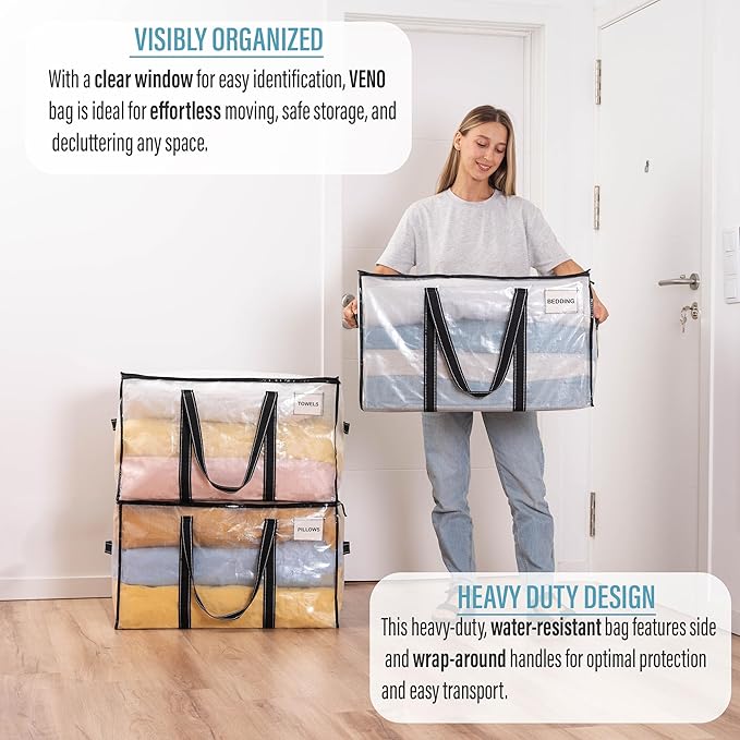 VENO 2 Pack Clear Moving Bags, 90L Extra Large Transparent Storage Totes, Heavy Duty 50lbs Load, Reinforced Handles, Zippers & Tag, See-Through Packing Boxes for Organizing Closet, Bedding, Clothes
