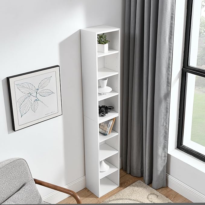 Elegant White 8-Tier Media Tower Rack - Multi-functional Slim Storage Cabinet, Ideal for CDs DVDs & Tall Narrow Bookcase for Organized Home Office!